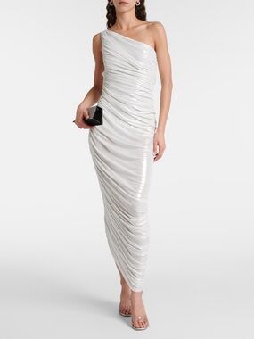 Norma Kamali The Diana One-Shoulder Shiny White Ruched Gown